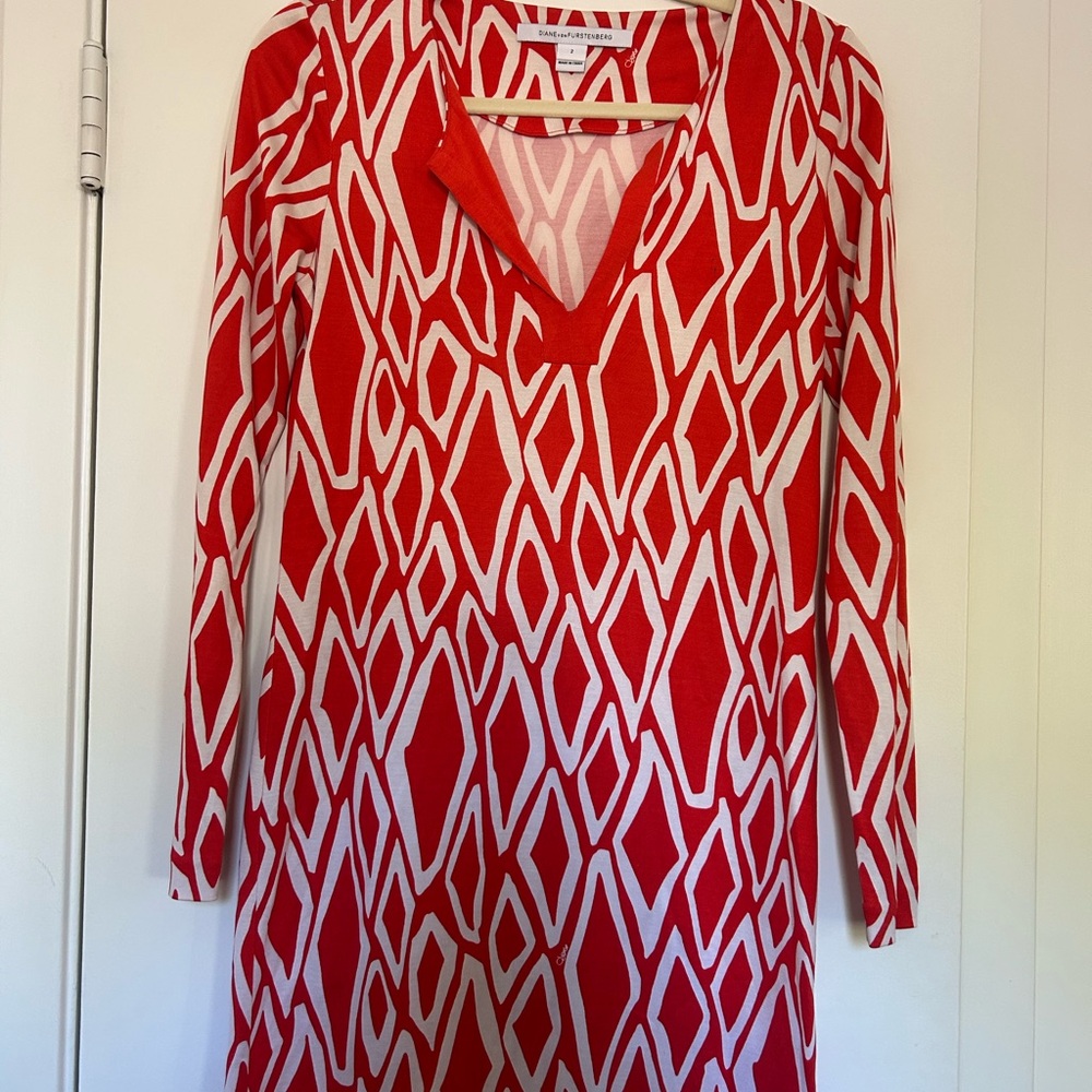 Diane Von Fustenberg Reina Ikat Print Silk Long Sleeve Tunic Dress
